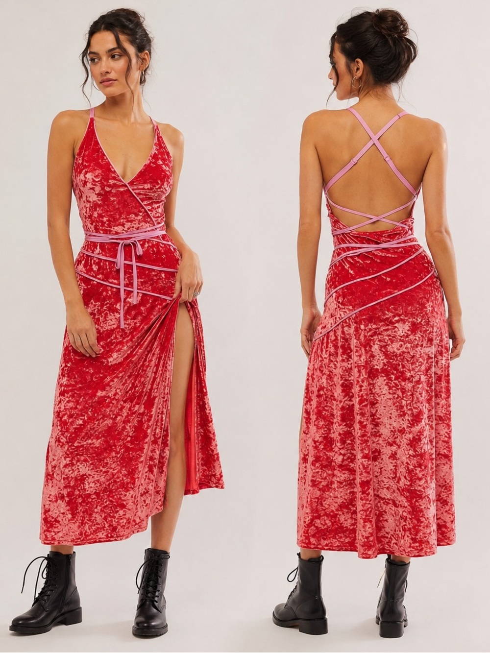 Free People Deia Velvet Strappy Open Back Midi Dress Red Pink M